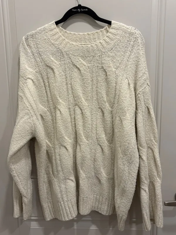 American Eagle Outfitters Cream Cable-Knit Crew Sweater - Image 3