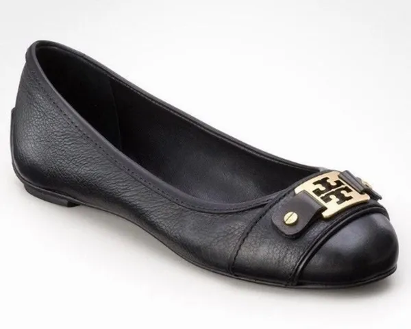 Black Leather Clines Peep-Toe Ballerina Flats - Image 2