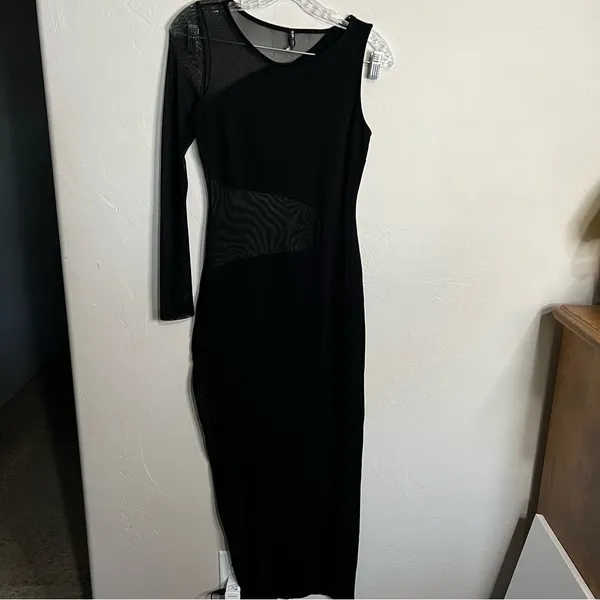 Nasty Gal‎ Black On Your Side Mesh Fitted Maxi One Sleeve Dress - Image 4