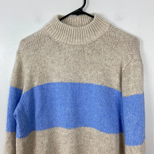 Aerie Mock Neck Sweater Blue Tan Striped Casual Cozy Pullover Size XS‎ - Image 2