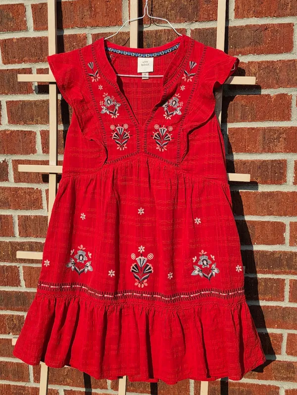 Knox Rose Red Floral Embroidered V-Neck Flutter Sleeve Dress | Size M - Image 2