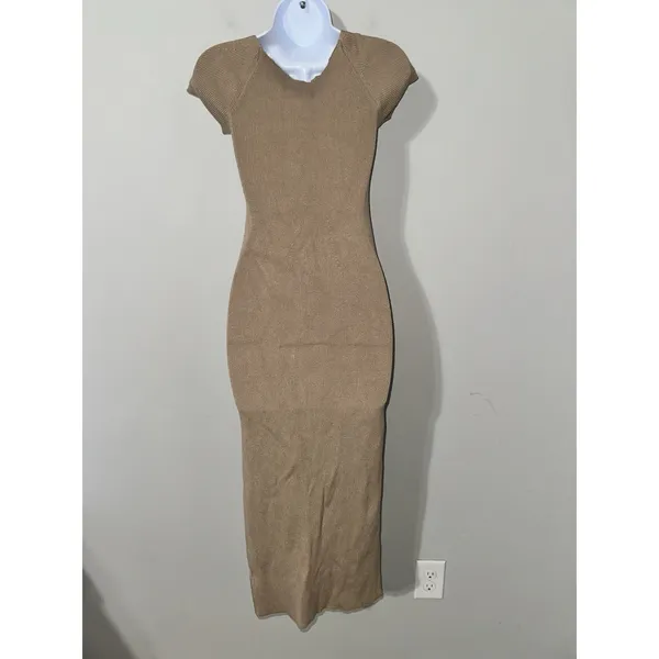 JLUXLABEL Tan‎ Ribbed Knit Midi Dress | Sweetheart Neck Cap Sleeve Size L - Image 4