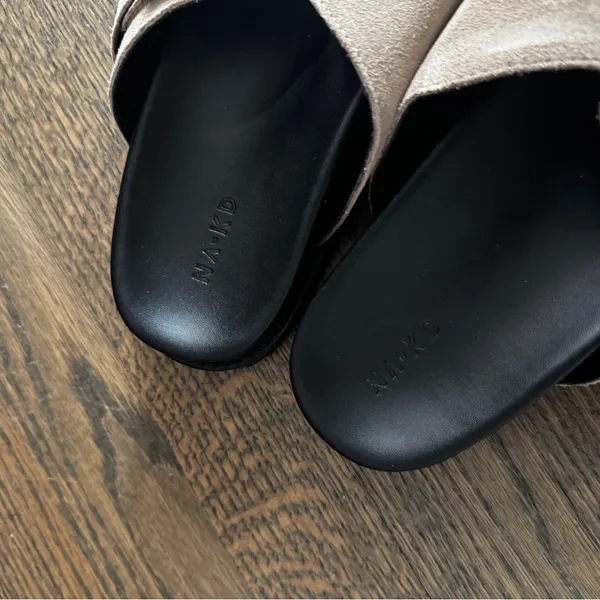 NA-KD Double silver buckle tan leather suede chunky comfy sandal slides size 7.5/EU 38 - Image 3