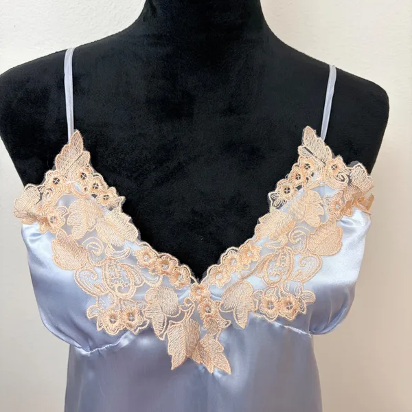 Pastel Blue Satin Lace Chemise Nightgown Cream Floral Embroidery Ethereal Dress - Image 2