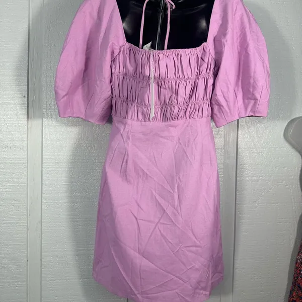 Lush Clothing Lavender Puff Sleeve Smocked Front Dress Size Medium NWT - Image 5