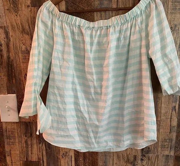 NWT Naked Zebra Off-Shoulder stripped Blouse | Gingham Lite blue Top size M - Image 3