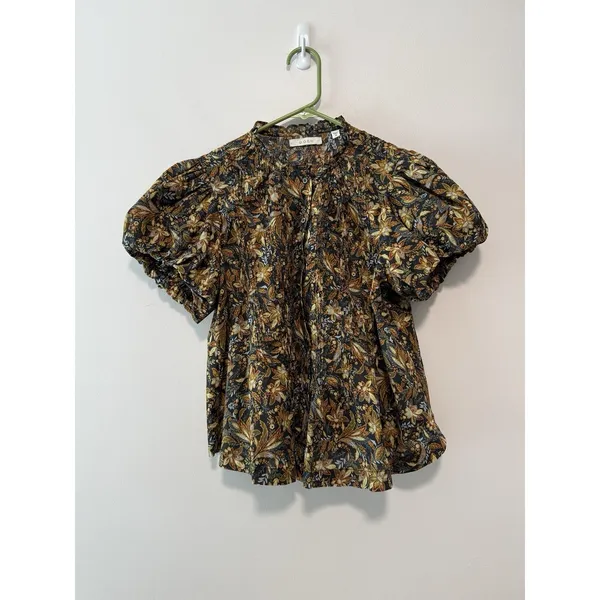 DÔEN Millie Puff Sleeve Button Front‎ Blouse Top in Noir Narcissus Floral Medium - Image 2