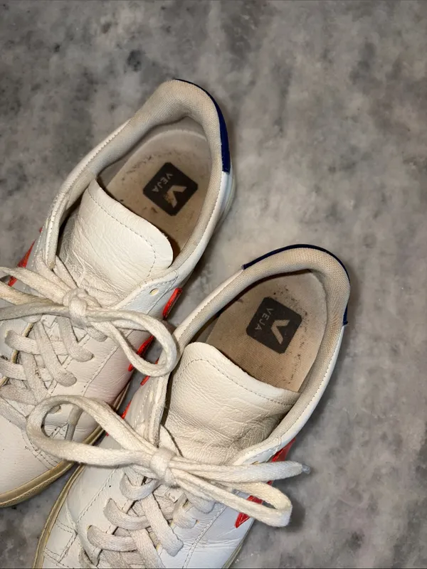 Veja White Leather Sneakers with Red V and Navy Heel - Image 6