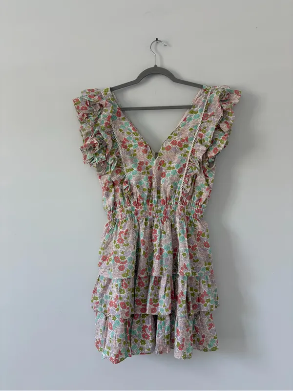 Anthropologie Love the Label Ines Floral Ruffle Sleeve Tiered Mini Boho Cottagecore Dress M - Image 6