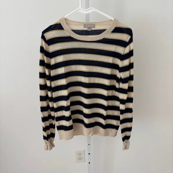 J. Crew EUC Women's Metallic Stripe Merino Wool Ruffle Sleeve Sweater Size L - Image 3