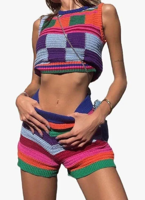 Colorful Knitted 2 Piece Set Shorts & Tank - Image 3