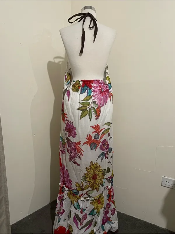 Boho Halter Maxi Dress in White with Multicolor Floral - Image 3