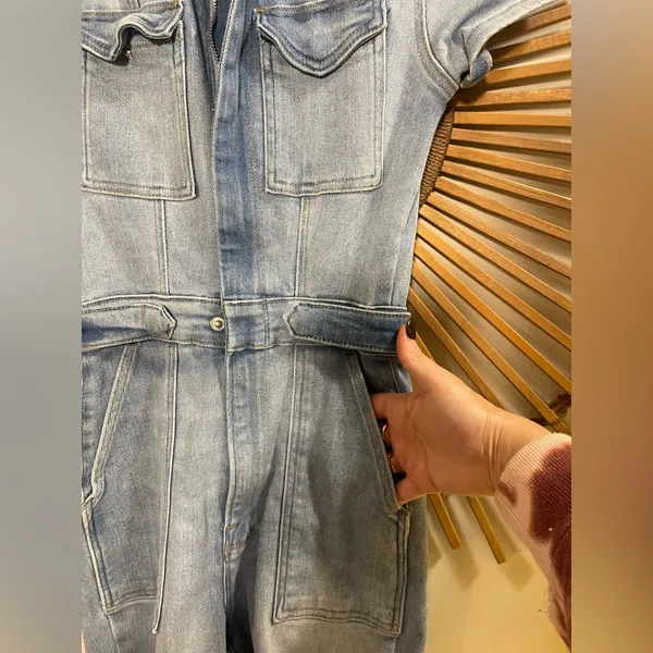 Good American Denim Short Sleeve Jumpsuit Shorts Romper Utility Stretchy Minimal - Image 5