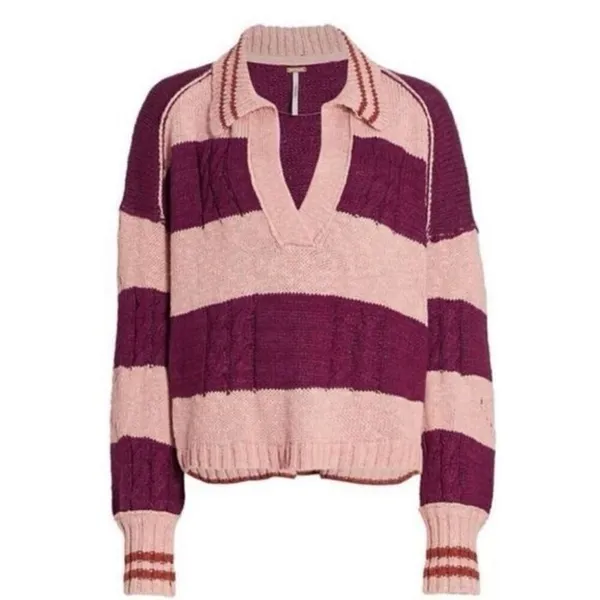 ✨Free People Pembrook Sz Medium Sweater in Moody Pink Combo Striped Cotton✨ - Image 5