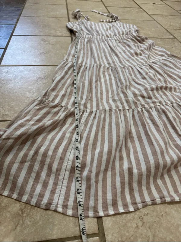 The Limited Linen Blend Tiered Midi Dress XL Beige White Stripe Tie Shoulderboho - Image 6