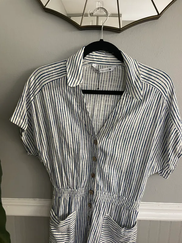 Blue White Stripe Lined Blend Button Down Shirt Short Romper Jumpsuit - Image 4