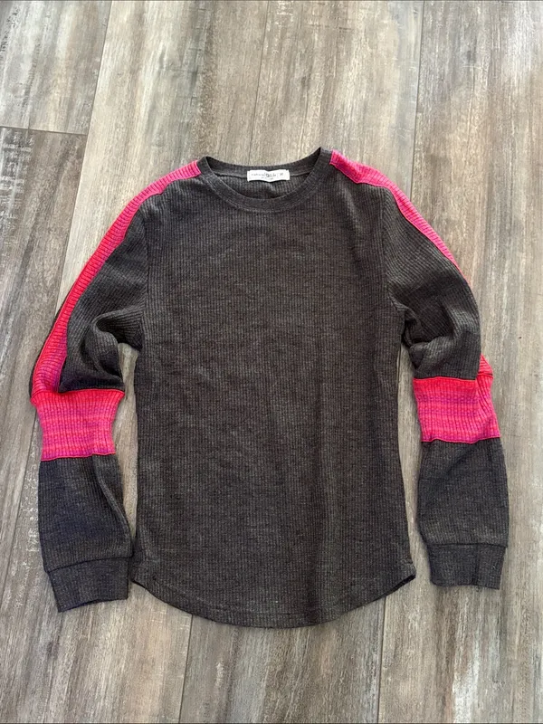 Natural Life London Trim Thermal Knit Top Gray Pink Size Medium Long Sleeves - Image 3
