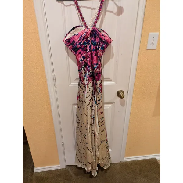 La Femme Multicolor Floral Rhinestone Embellished Halter Evening Gown EUC Sz 0 - Image 9