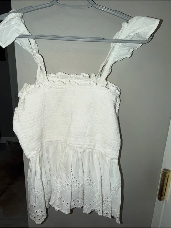 Japna Boho White Eyelet Smocked Ruffle Strap Peplum Top – Size L - Image 5