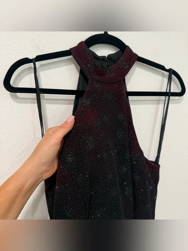 Bari Jay Vintage Sparkly Maroon Beaded Halter Satin Formal Evening Gown 4/6 - Image 3