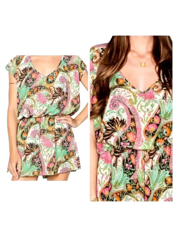 Show Me Your Mumu Romper Women Large‎ Green Pink Paisley Palace Rowdy Romper - Image 2