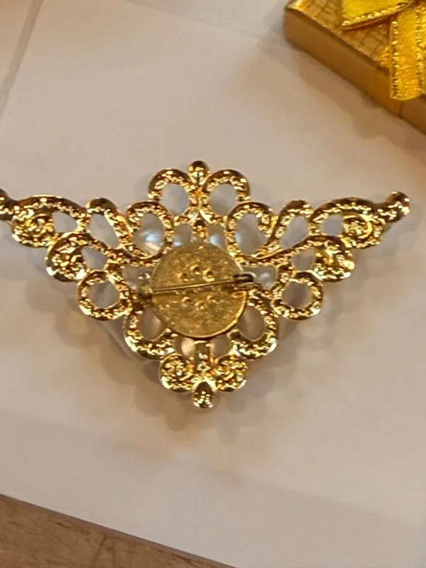 Gold Tone Floral Brooch Pin With Faux Pearl & Rhinestone Accents Gift Box Includ - Image 3