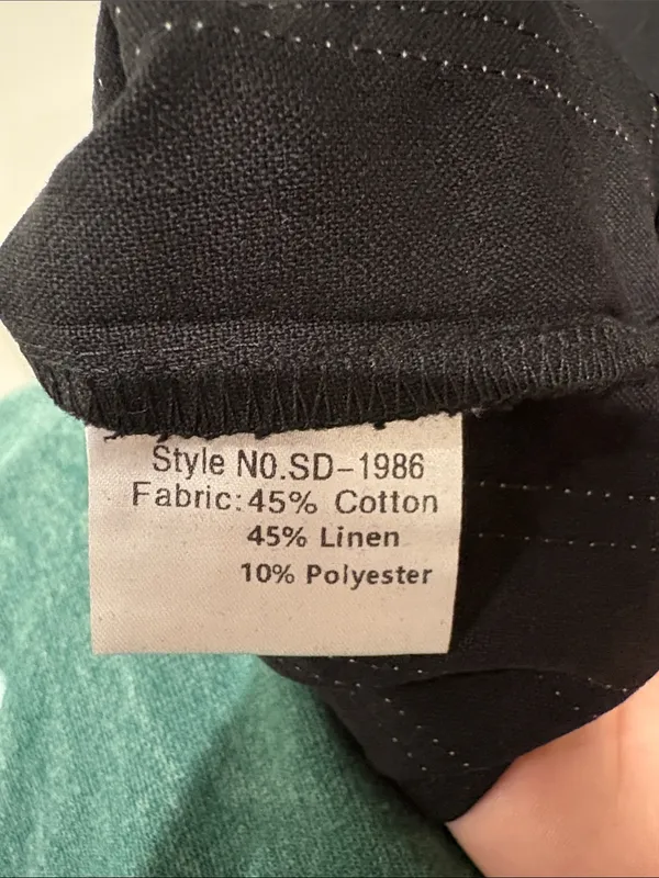 Linen Cotton Blend Sleeveless Black Mini Shift Dress with White Geometric Hem M - Image 5