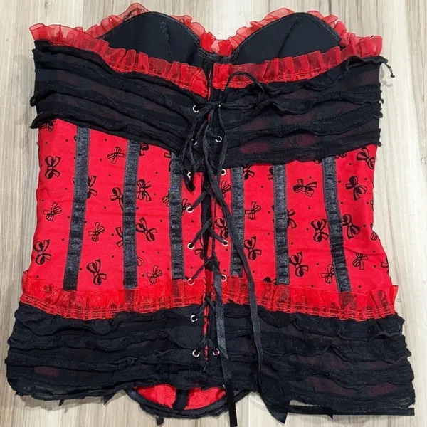 Red Black Glitter Bow Lace Up Corset Top Women’s Medium - Image 2