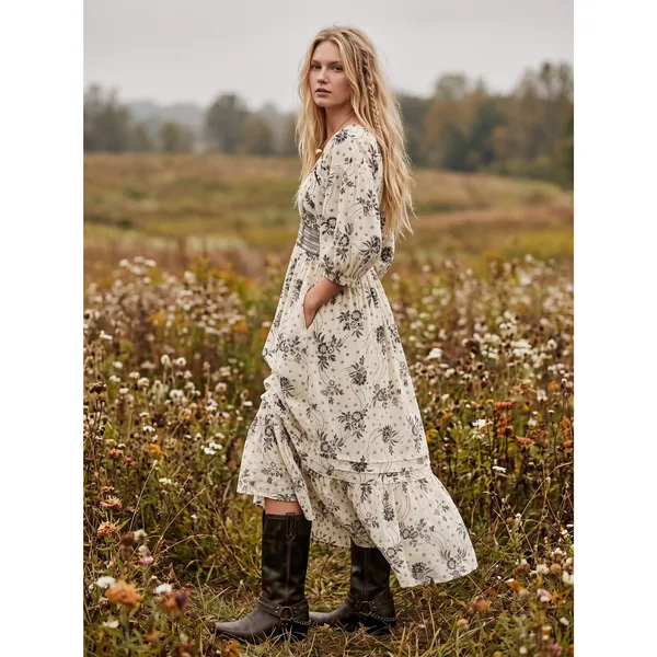 Free People Bohemian Billowy Ethereal Floral Golden Hour Maxi Dress Ivory Large - Image 2