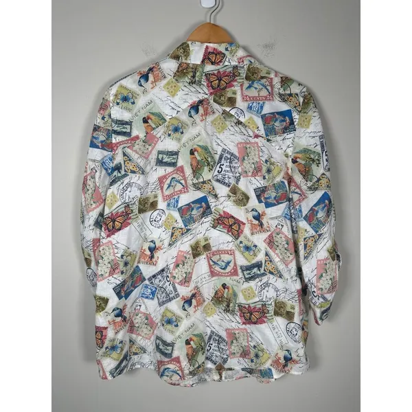 Chicos‎ Women's Linen Postage Stamp 3/4 Sleeve Button-up Top Sz L (2) Travel - Image 5