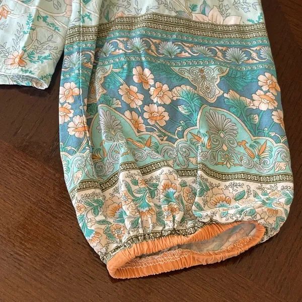 Relaxed Blue floral Blouse with Tie Front and Bib Collar bishop sleeves - Image 7