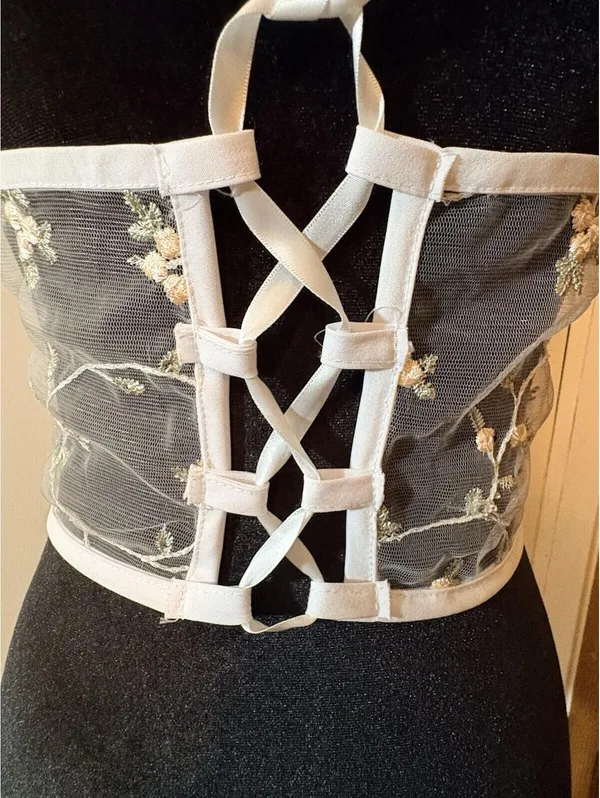 White Sheer Mesh Floral Lace-Up Boned Corset Top with Embroidered Lace - Image 2