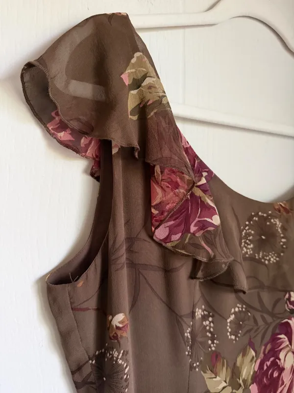 Morell Maxie Floral Column Dress Brown Pink Silk 14 Ruffle Sleeveless Y2K Fairy - Image 3