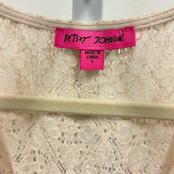 Betsey Johnson Mosaic Lace Puff-Sleeve Midi Dress Crochet Back Cream Sm JL408532 - Image 10