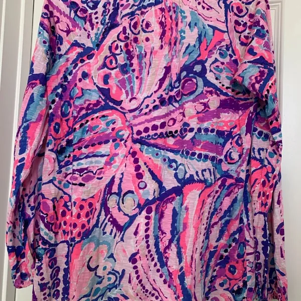 Lilly Pulitzer Meg Colony Coral Shell Out Pink Purple Top Cotton Small Shirt HTF - Image 4