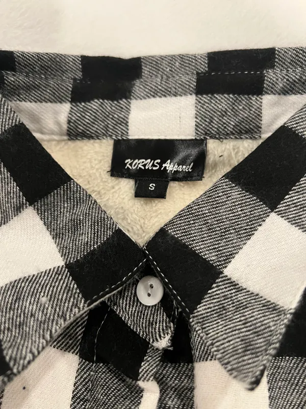 Black and White Plaid Sherpa Flannel shirt Size S By Korus Apparel - Image 2