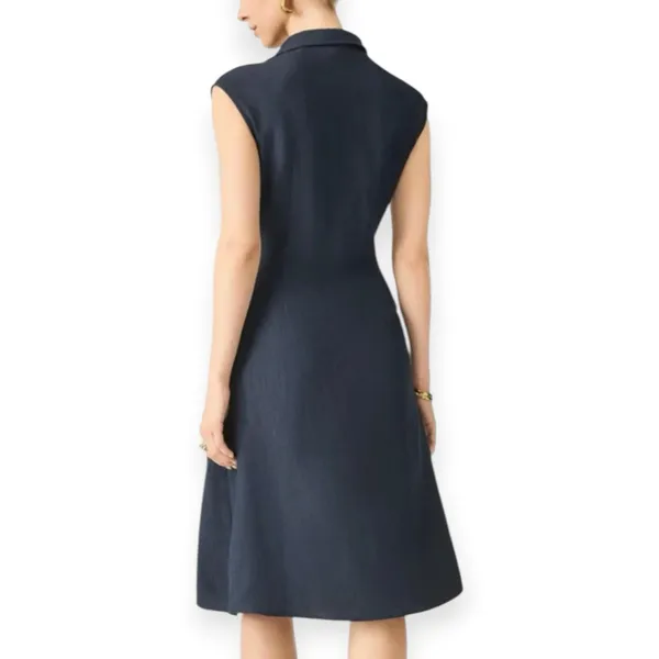 NWT OGL Viscose Linen Collared V-neck Midi Dress Drawstring Denim Navy Small - Image 2
