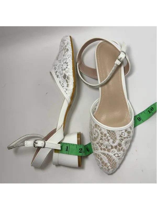 White Lace Low Block Heel Ankle Strap Wedding Shoe Sandals Size 40 - Image 6