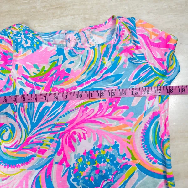 Lilly Pulitzer Pink Blue Floral Shift Dress Short Sleeve Knit Boat Neck Size M - Image 9