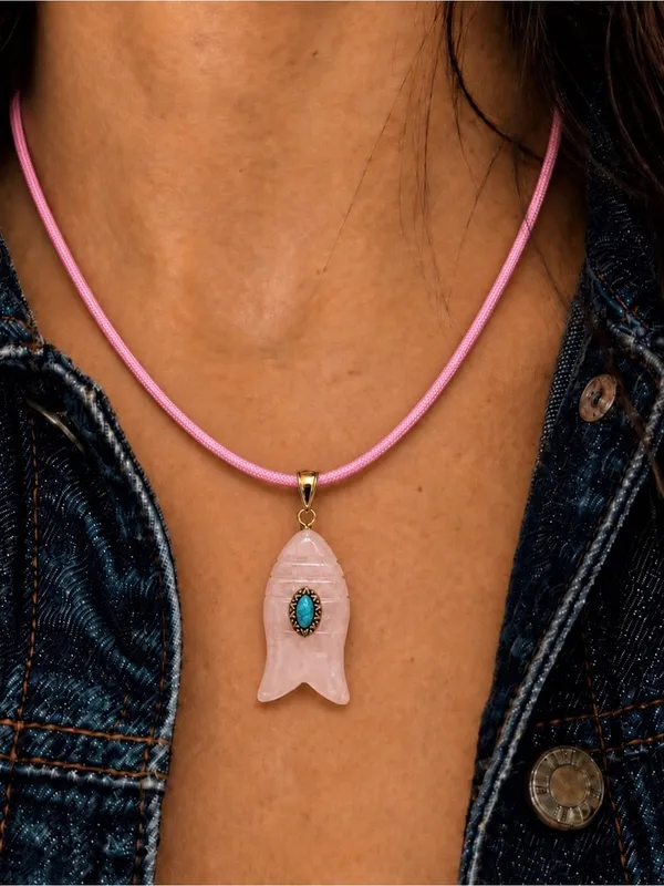 Revolve x Adina Eden Pink Quartz Fish Pendant Faux Leather Rope Necklace Pink - Image 3
