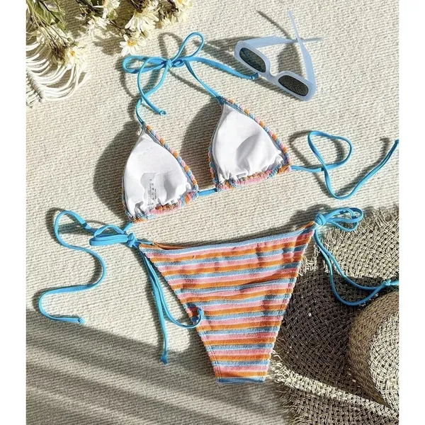 Women's Striped High Waisted Halter Triangle Bikini Swimsuit XS - Image 2