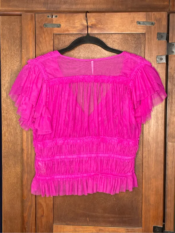 Free People Making Me Smile Top Fuchsia Pink Sheer Ruched Ruffle Cottagecore S - Image 3