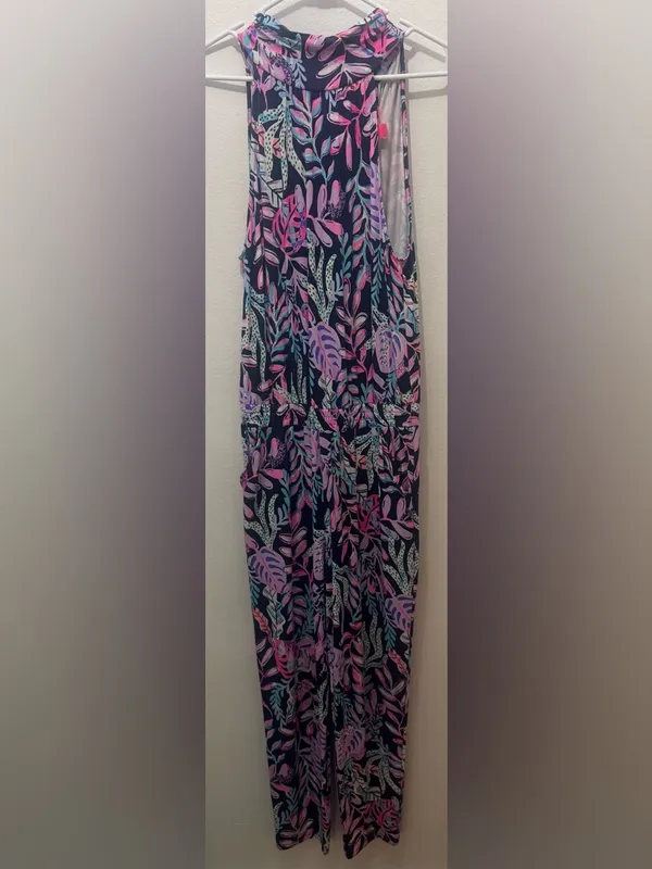 Lilly Pulitzer Navy Tropical-Print Halter Jumpsuit with Pink Accents - Image 3