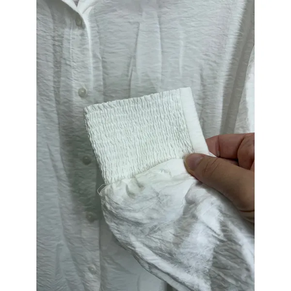 Anthropologie Ruched Sleeve Smocked Cuff Button Down Shirt Women Medium White - Image 3