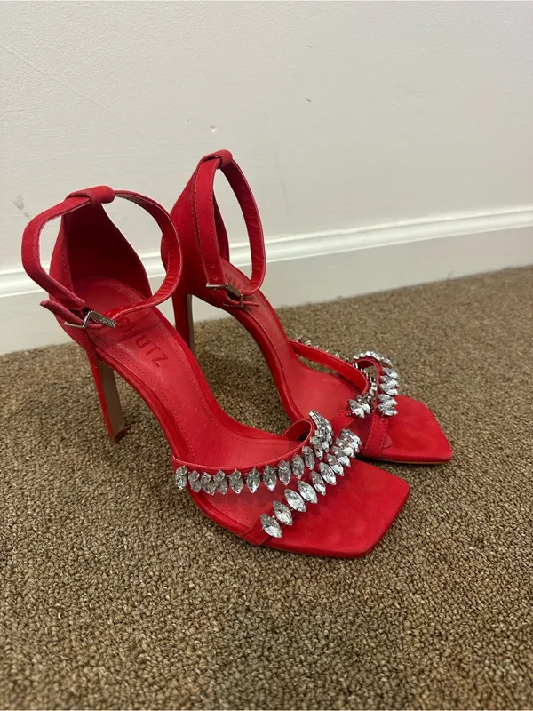 Schutz Red Embellished High Heels Strappy Square Toe Size 7.5 Women's - Image 2