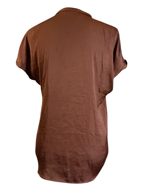 Maison d'Amélie Paris Chocolate Brown Satin Short Sleeve Pleated Blouse S - Image 2