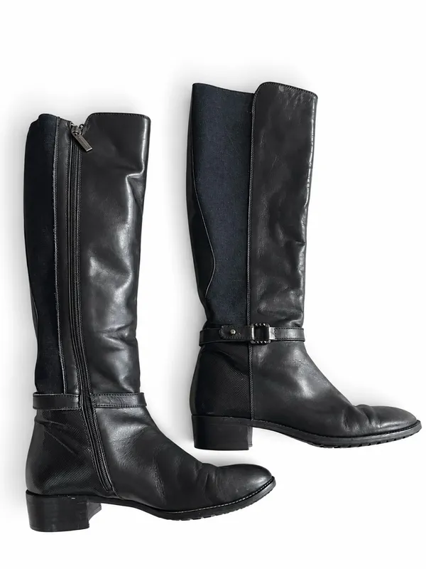 Aquatalia Knee High Riding Boots 6 Black Leather Stretch Panel Harness - Image 2