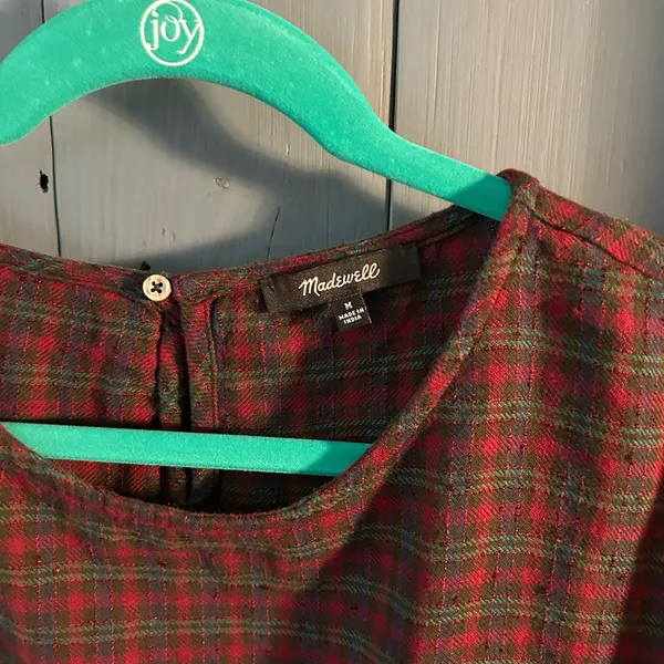 Madewell Tartan Plaid Short Sleeves-Rolled Cuff Top in Red and Green | Sz Medium - Image 3
