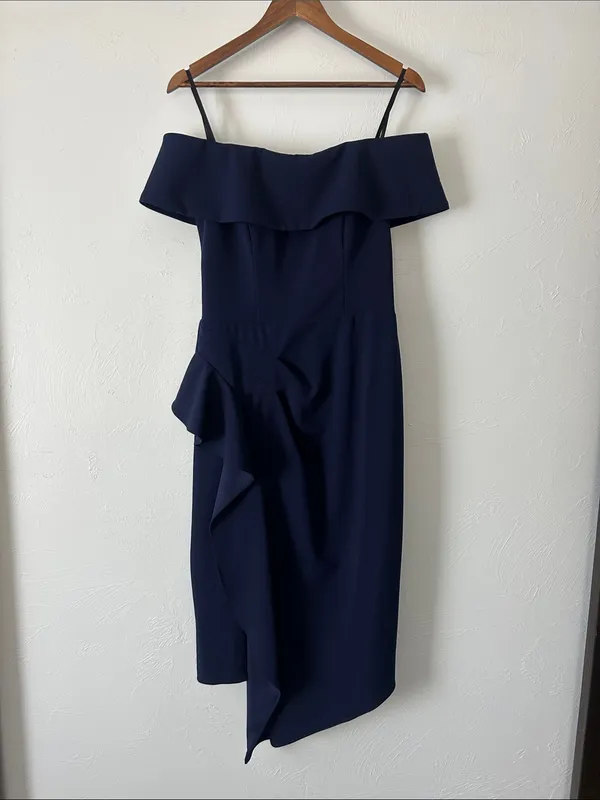 Betsy Adam Navy One-Shoulder Ruffle Sheath Dress - Image 3