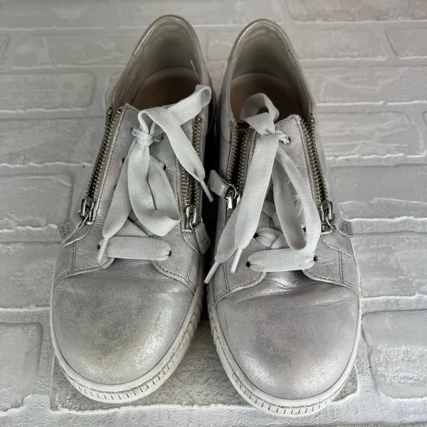 Gabor Platform Sneakers Womens 8 Silver Leather Metallic Lace Up Zip Comfort - Image 9